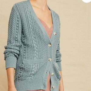 Amour Vert Blue Minka Organic Cotton Cable Knit Cardigan S NWOT